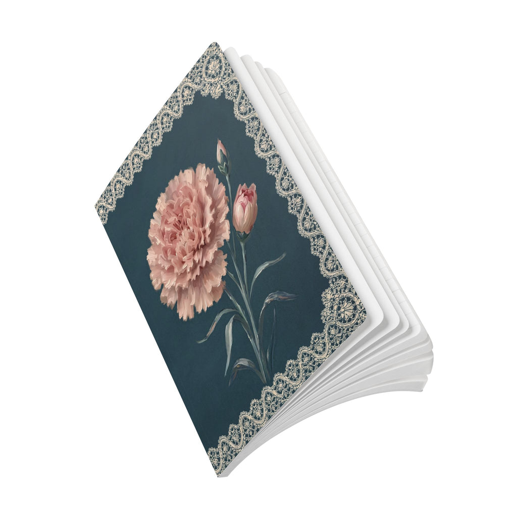 January birth flower journal with pink carnation oil painting art and lace border on a teal cover, view 10