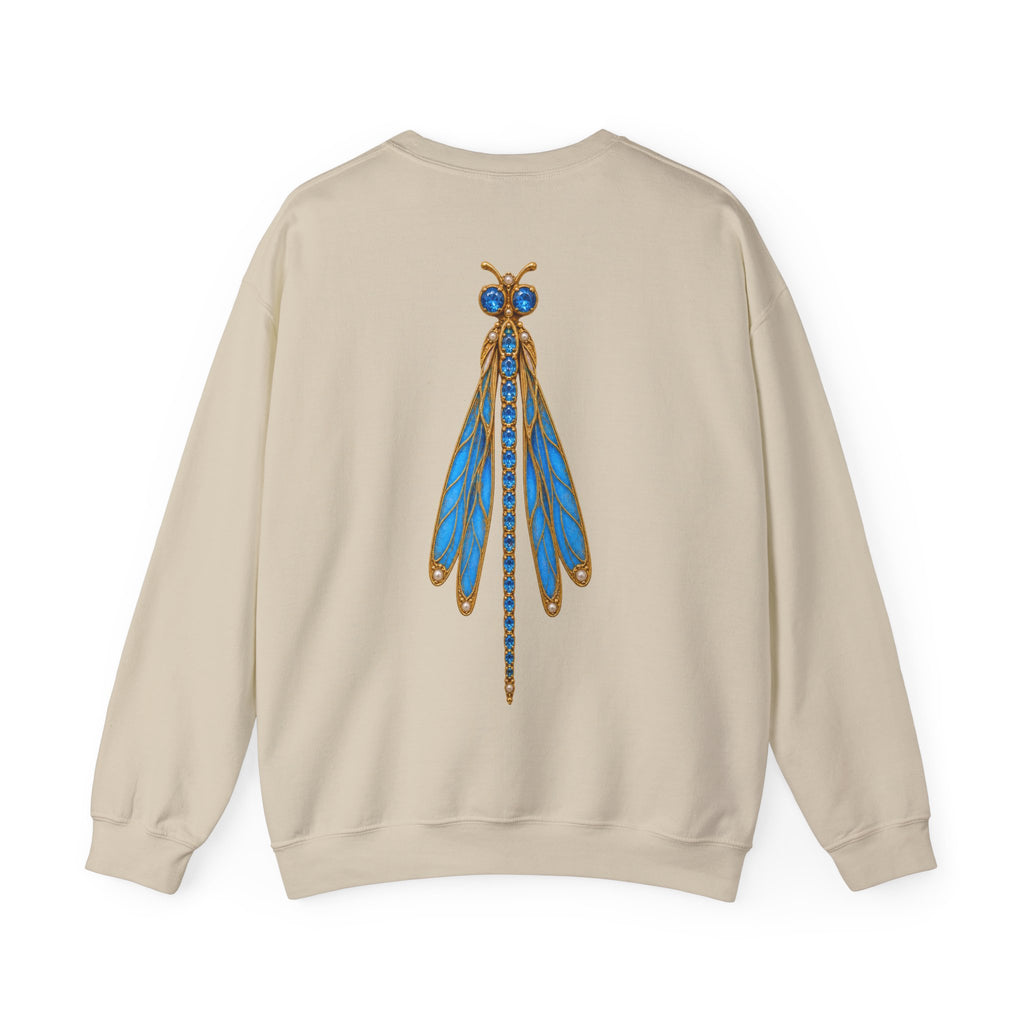 December birthstone sweatshirt with jeweled blue topaz dragonfly brooch art and personalized monogram, view 2