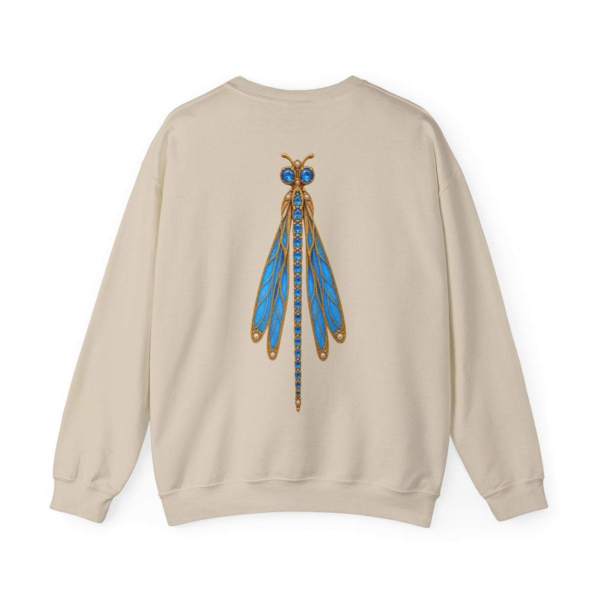 December birthstone sweatshirt with jeweled blue topaz dragonfly brooch art and personalized monogram, view 2