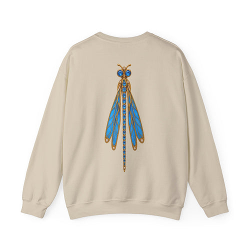 December birthstone sweatshirt with jeweled blue topaz dragonfly brooch art and personalized monogram, view 2