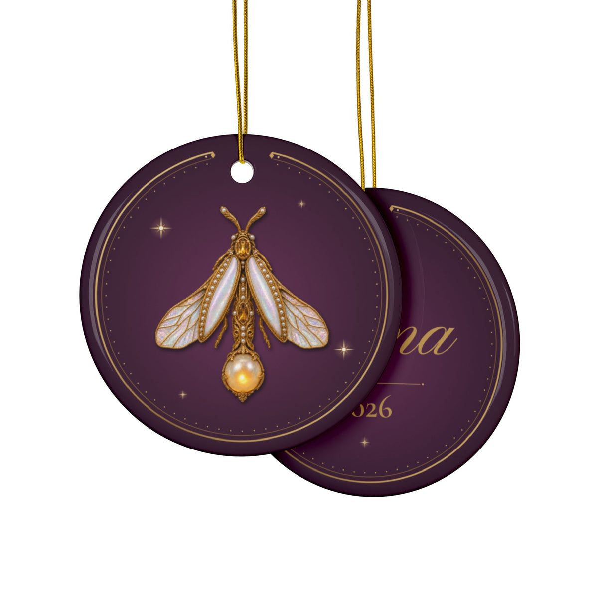 Personalized ceramic Christmas ornament with jeweled pearl firefly, June birthstone, view 3