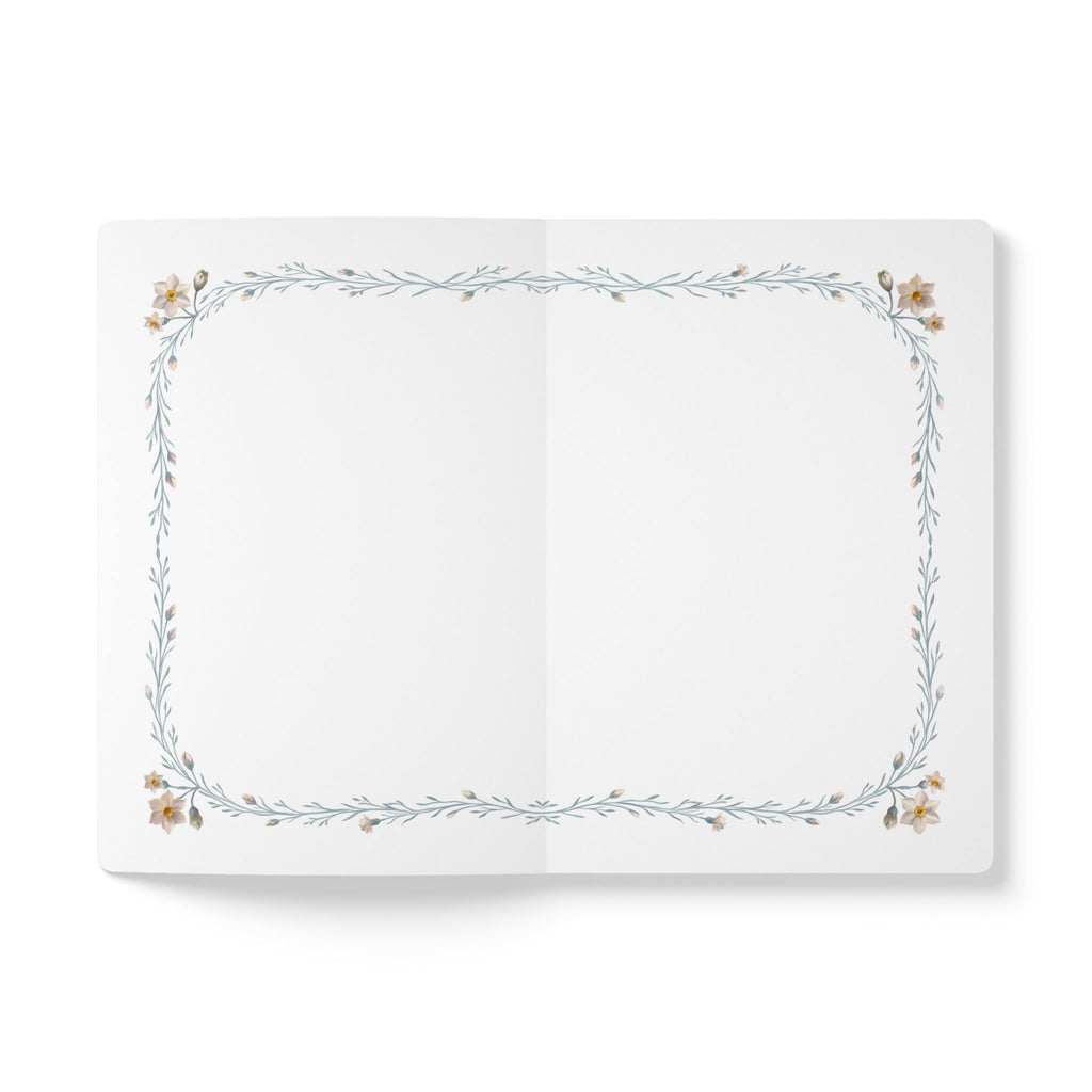 December birth flower journal with paperwhite narcissus oil painting art and lace border on a teal cover, view 6