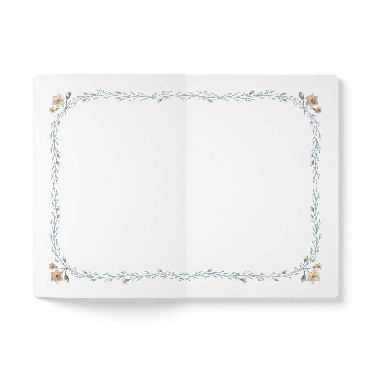 December birth flower journal with paperwhite narcissus oil painting art and lace border on a teal cover, view 6