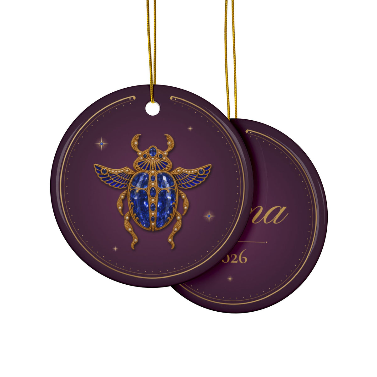 Personalized ceramic Christmas ornament with jeweled sapphire scarab, September birthstone, view 3