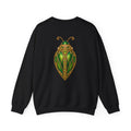 August birthstone sweatshirt with jeweled peridot beetle brooch art and personalized monogram, view 3