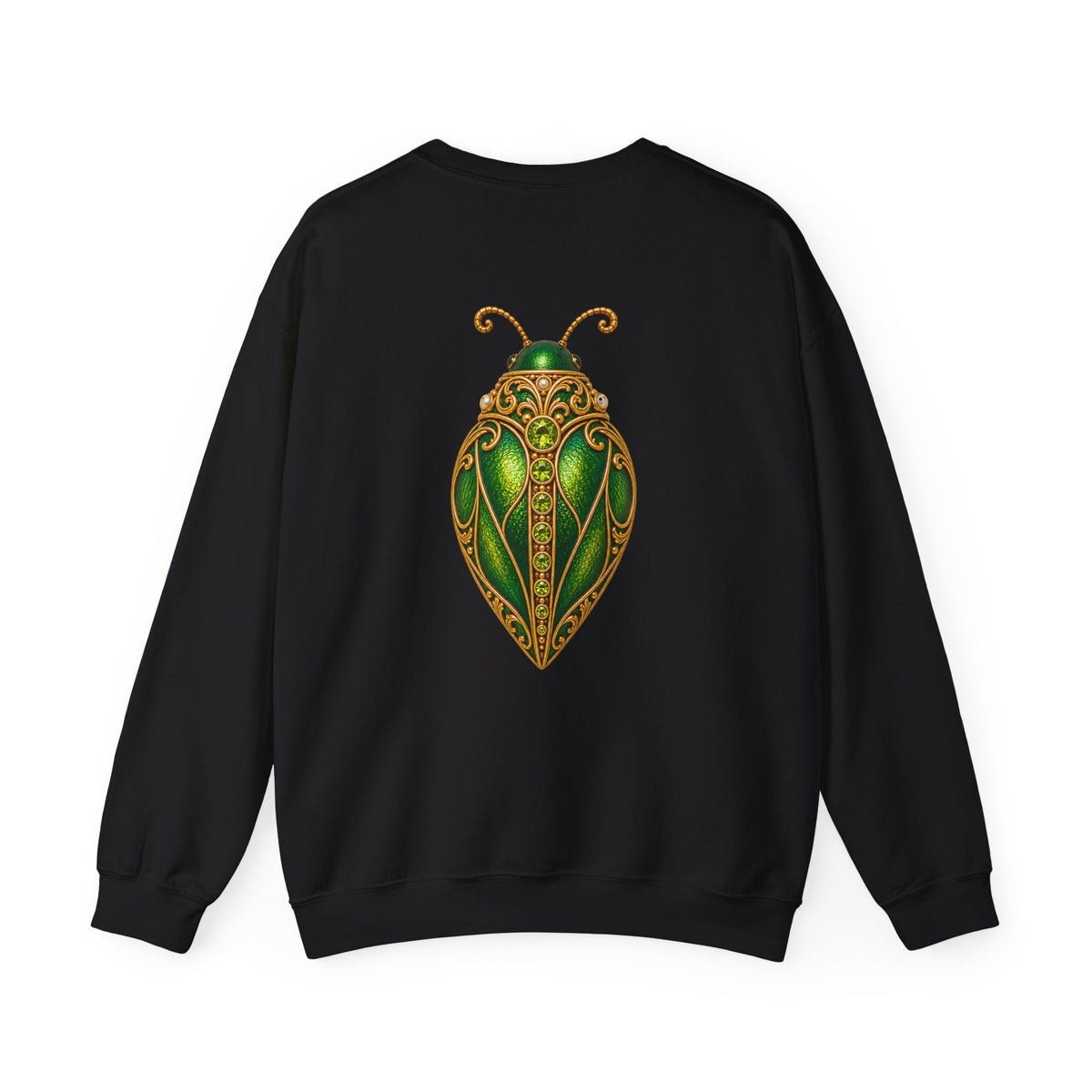 August birthstone sweatshirt with jeweled peridot beetle brooch art and personalized monogram, view 3