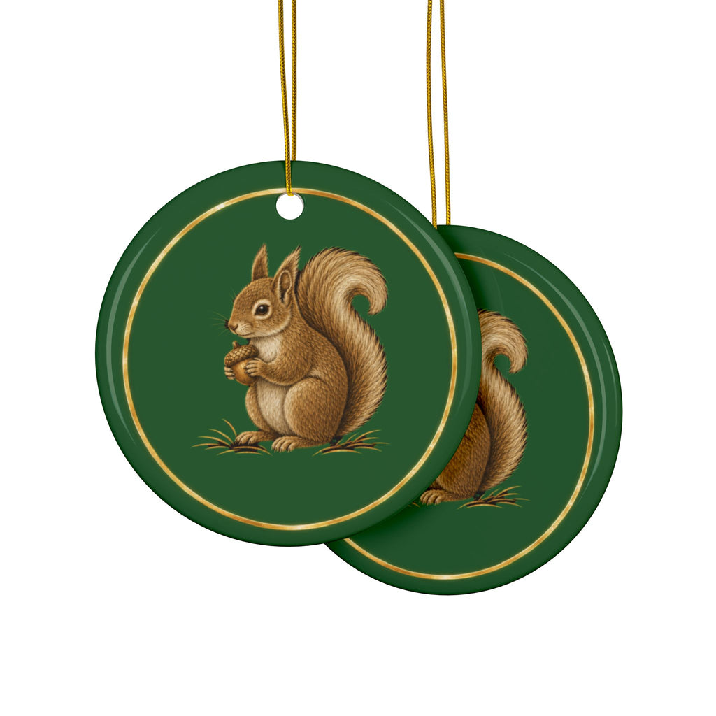 Squirrel Ornament, Woodland Creatures Christmas Ornament, Green and Gold Ceramic Ornament, Squirrel Gift