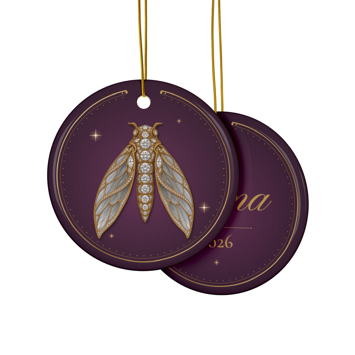 Personalized ceramic Christmas ornament with jeweled diamond cicada, April birthstone, view 3