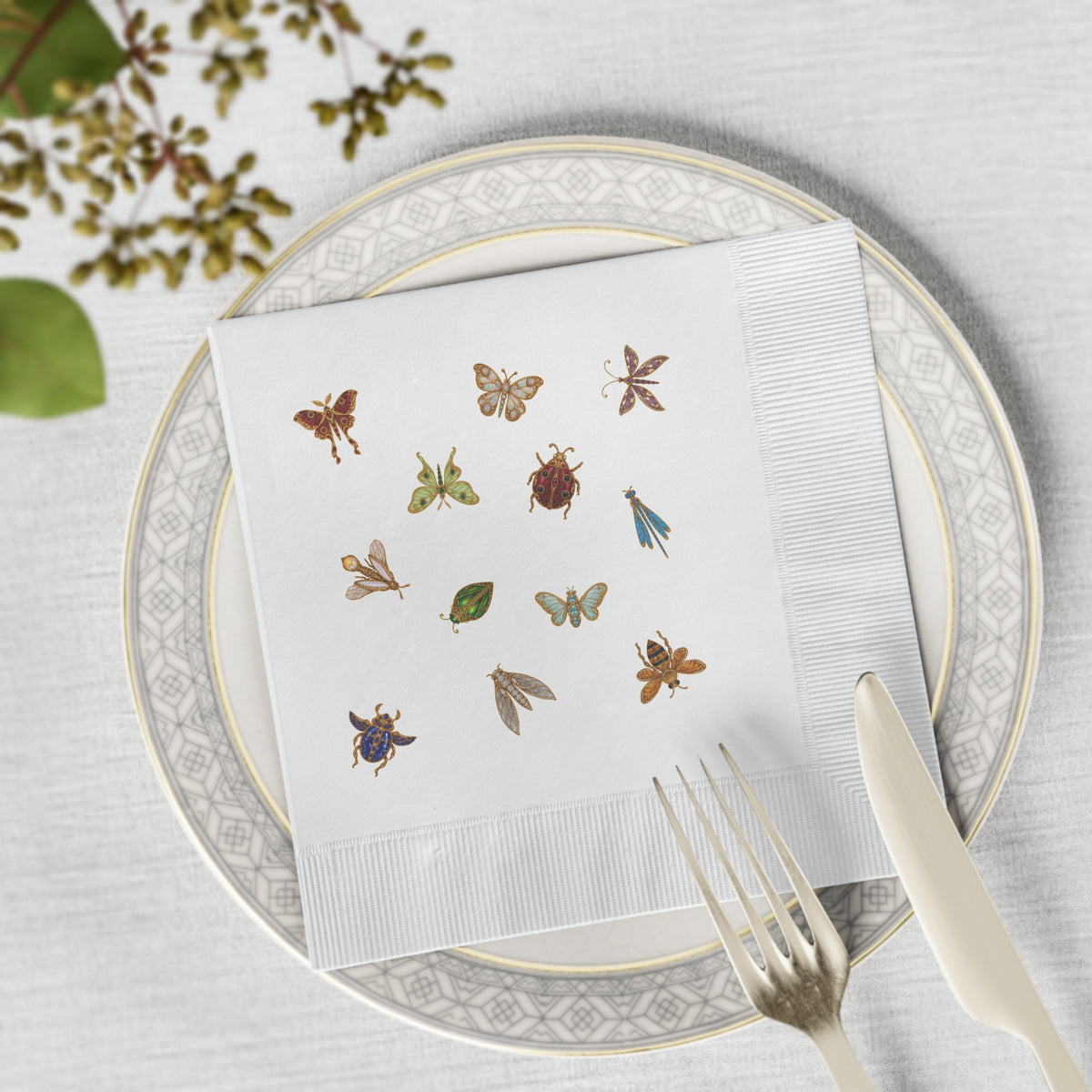 Paper cocktail napkins with vintage brooch-style butterflies, moths, bees and dragonflies, view 7