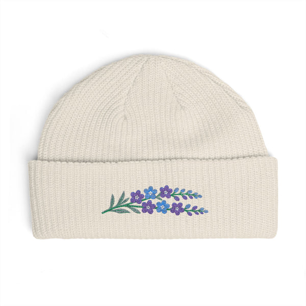 Cuffed knit beanie embroidered with the larkspur, July birth flower