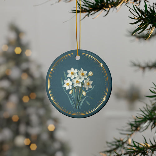 Personalized ceramic Christmas ornament with paperwhite narcissus, the December birth flower, view 2