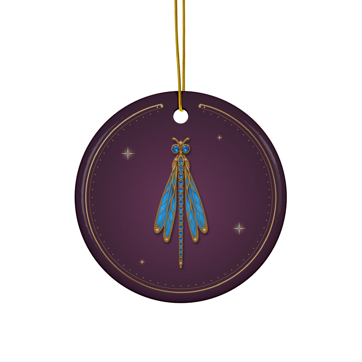 Personalized ceramic Christmas ornament with jeweled blue topaz dragonfly, December birthstone, view 2