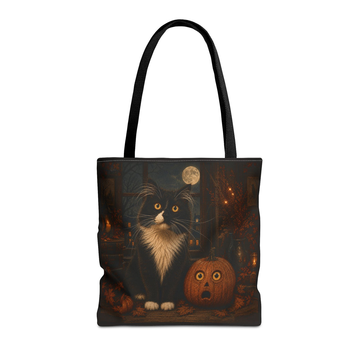 Frazzled tuxedo cat and vintage pumpkin tote bag, view 2