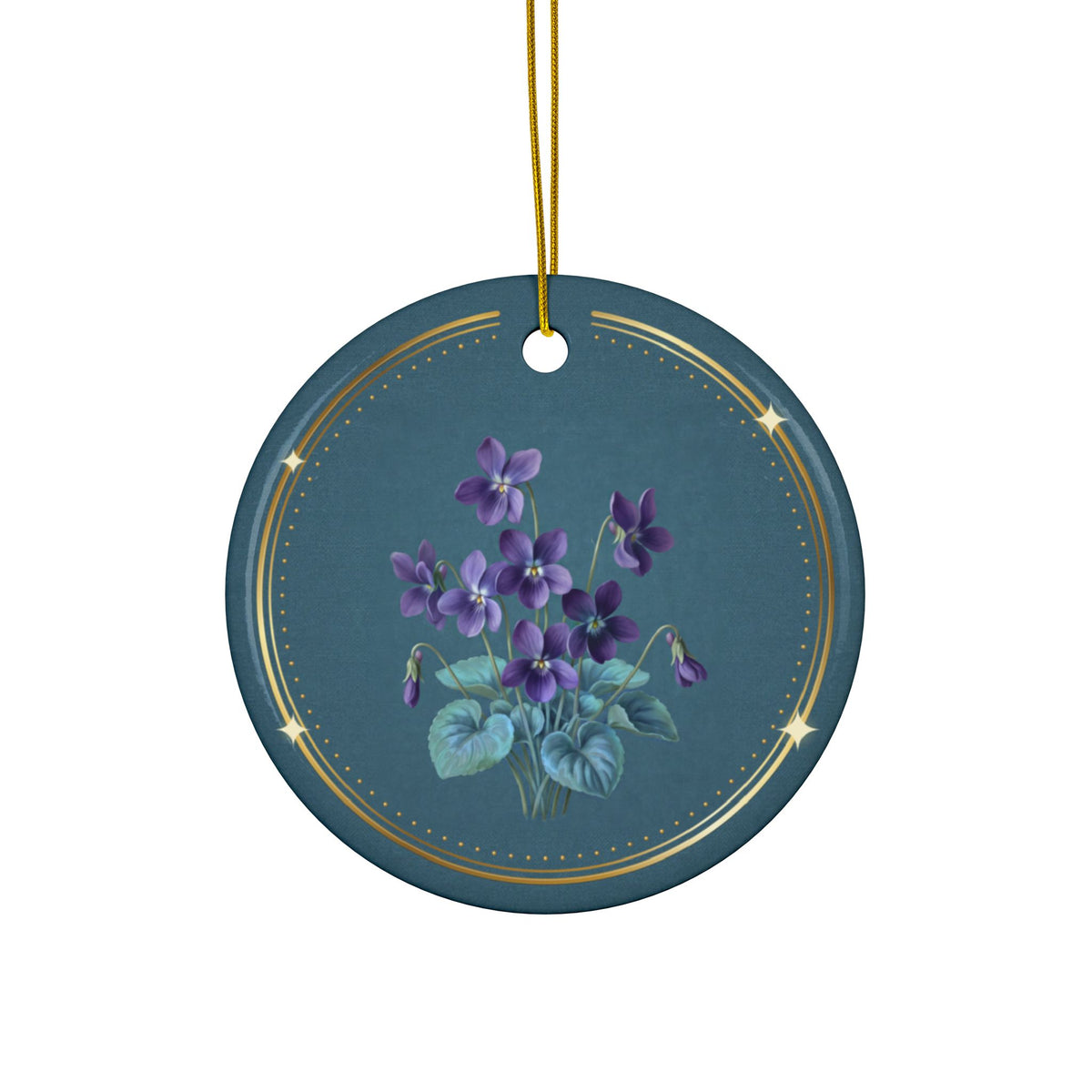 Personalized ceramic Christmas ornament with purple violet, the February birth flower, view 3