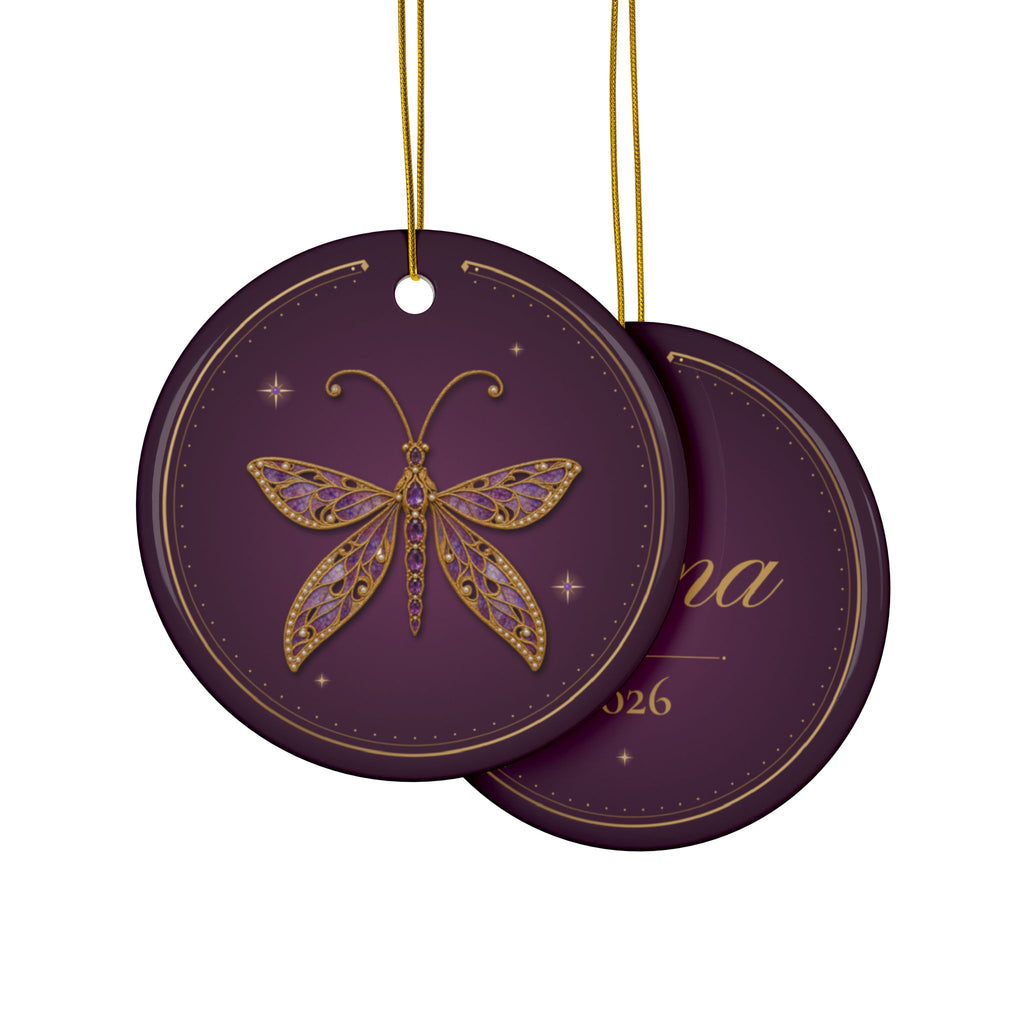 Personalized ceramic Christmas ornament with jeweled amethyst lacewing, February birthstone, view 3