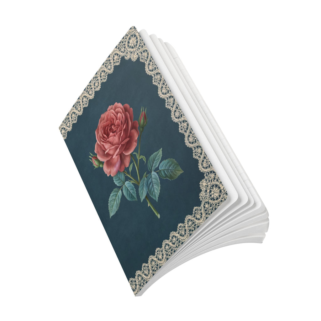 June birth flower journal with red rose oil painting art and lace border on a teal cover, view 10