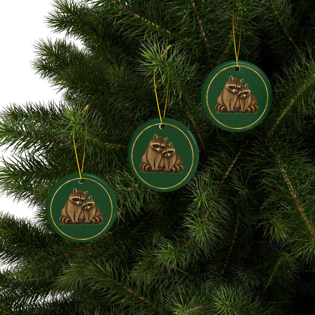 Raccoons Ornament, Woodland Creatures Christmas Ornament, Green and Gold Ceramic Ornament, Raccoon Gift