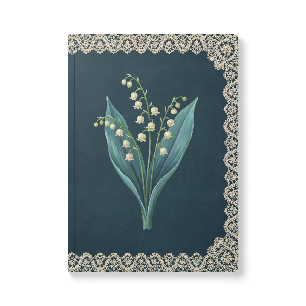 May birth flower journal with lily of the valley oil painting art and lace border on a teal cover, view 2