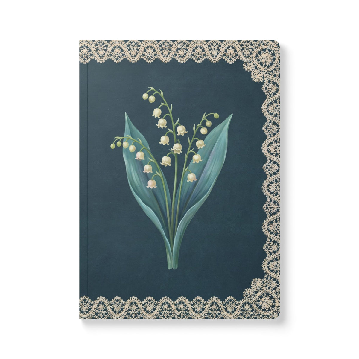 May birth flower journal with lily of the valley oil painting art and lace border on a teal cover, view 2