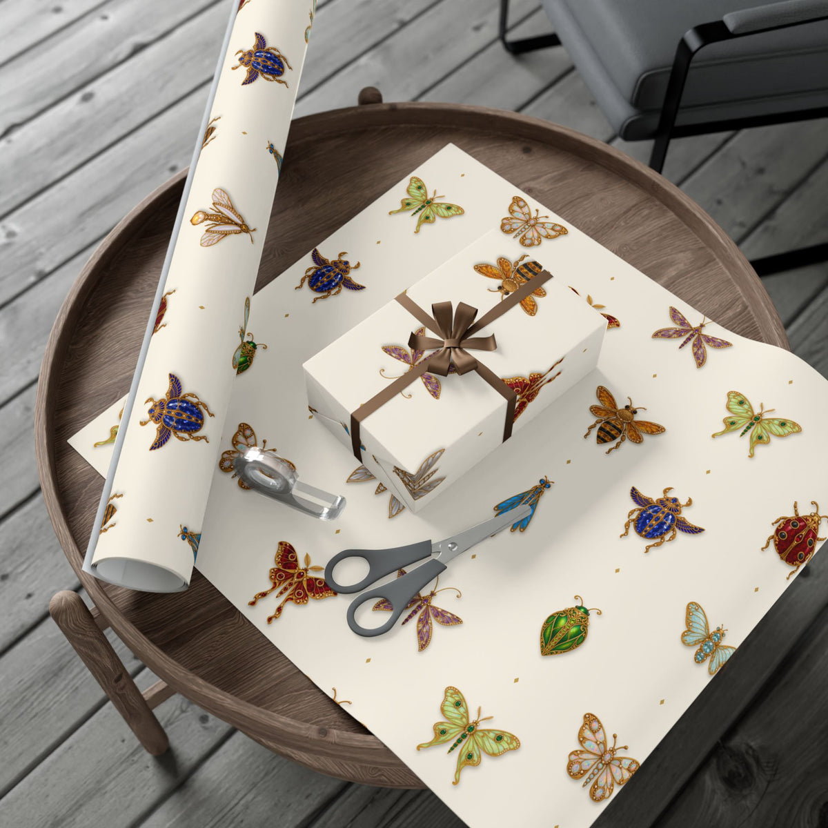 Jeweled Insect Wrapping Paper, Ivory Bridal Shower Gift Wrap, Vintage Brooch Bug Pattern, Elegant Wedding & Birthday Wrap