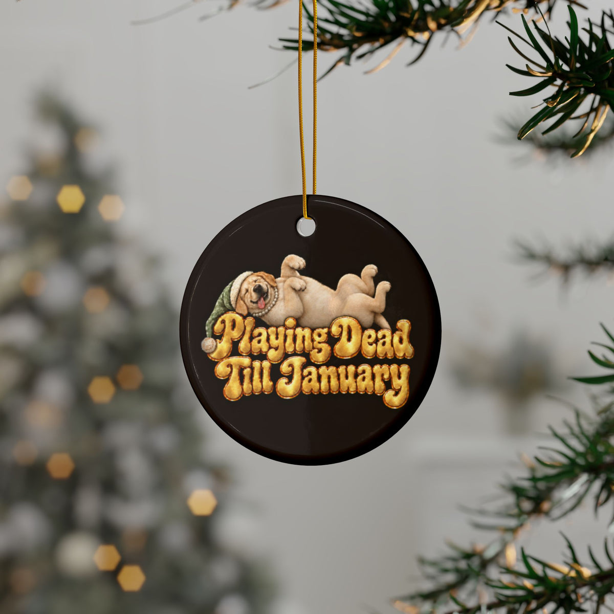 Playing Dead Till January Yellow Lab Ornament, Funny Christmas Ornament, Labrador Lover Gift, Dog Mom Gift, Plum Noir Ceramic Ornament