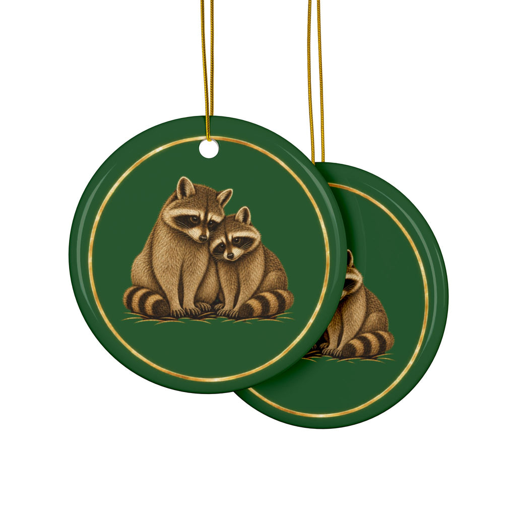 Raccoons Ornament, Woodland Creatures Christmas Ornament, Green and Gold Ceramic Ornament, Raccoon Gift