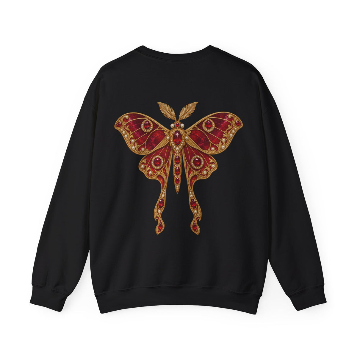 July birthstone sweatshirt with jeweled ruby moth brooch art and personalized monogram, view 3