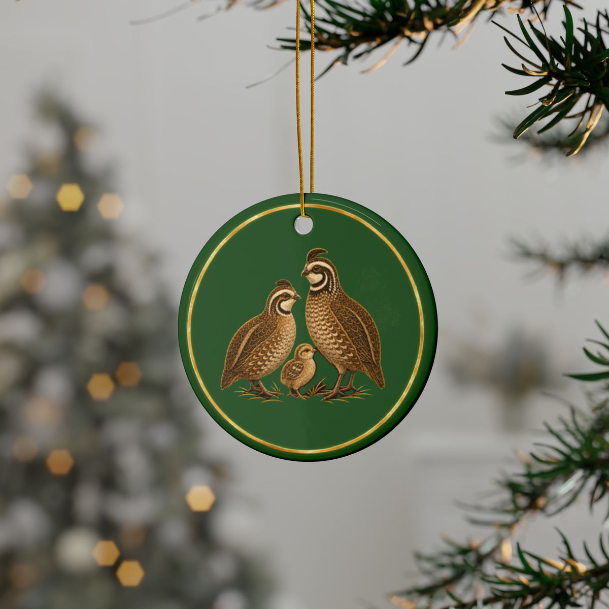 Quail Ornament, Woodland Creatures Christmas Ornament, Green and Gold Ceramic Ornament, Bird Hunter Gift