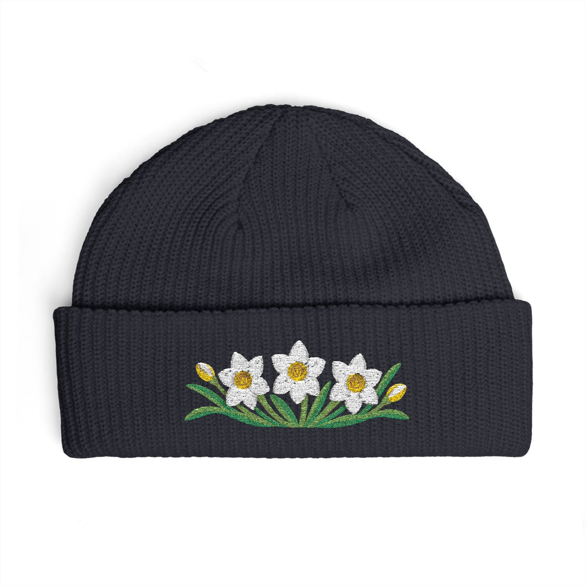 Cuffed knit beanie embroidered with the narcissus, December birth flower, view 6