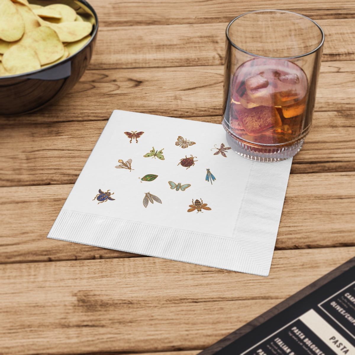 Paper cocktail napkins with vintage brooch-style butterflies, moths, bees and dragonflies, view 8