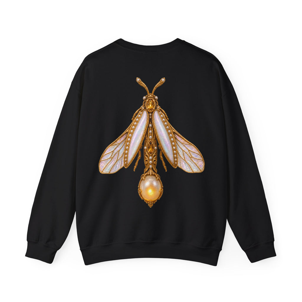 June birthstone sweatshirt with jeweled pearl firefly brooch art and personalized monogram, view 3