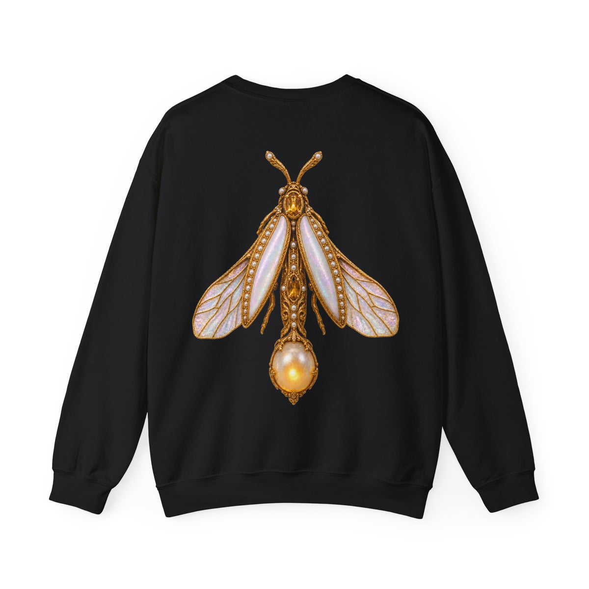 June birthstone sweatshirt with jeweled pearl firefly brooch art and personalized monogram, view 3