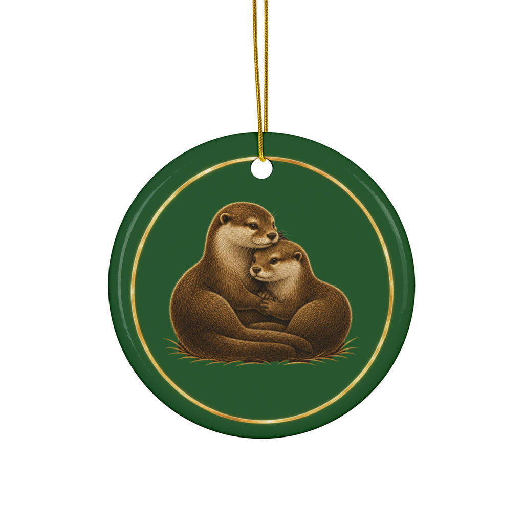 Otters Ornament, Woodland Creatures Christmas Ornament, Green and Gold Ceramic Ornament, Otter Lover Gift