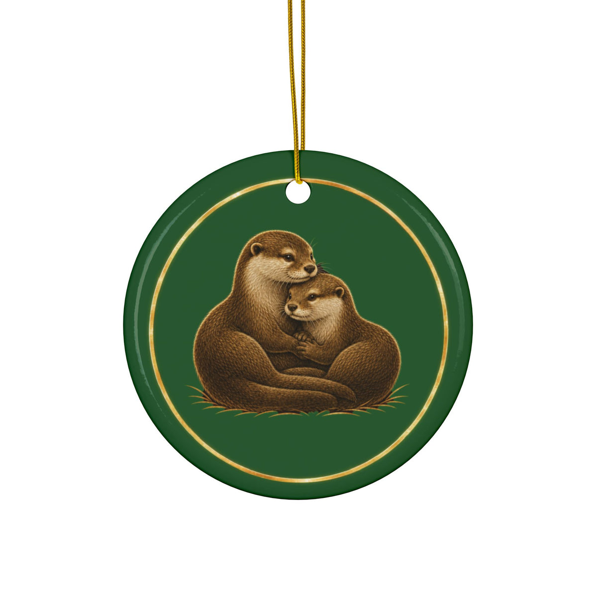 Otters Ornament, Woodland Creatures Christmas Ornament, Green and Gold Ceramic Ornament, Otter Lover Gift