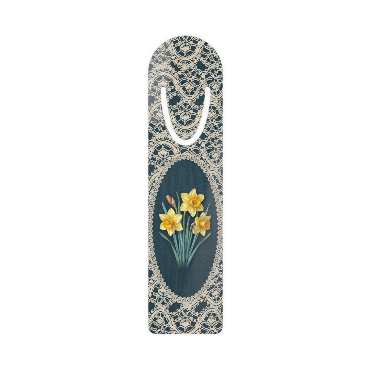 Metal bookmark with yellow daffodil, the March birth flower, in vintage lace floral art