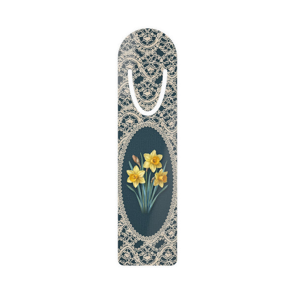 Metal bookmark with yellow daffodil, the March birth flower, in vintage lace floral art