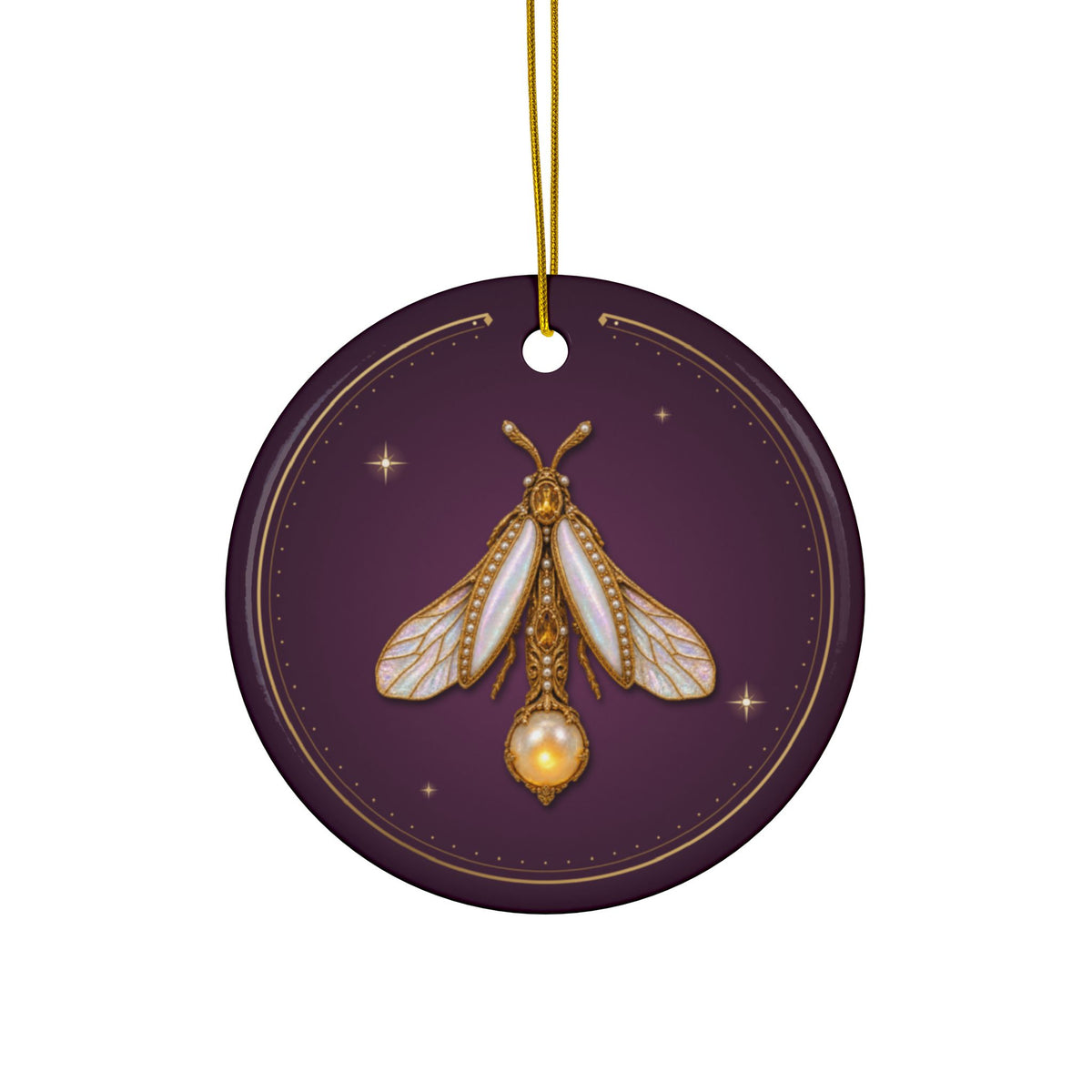 Personalized ceramic Christmas ornament with jeweled pearl firefly, June birthstone, view 2