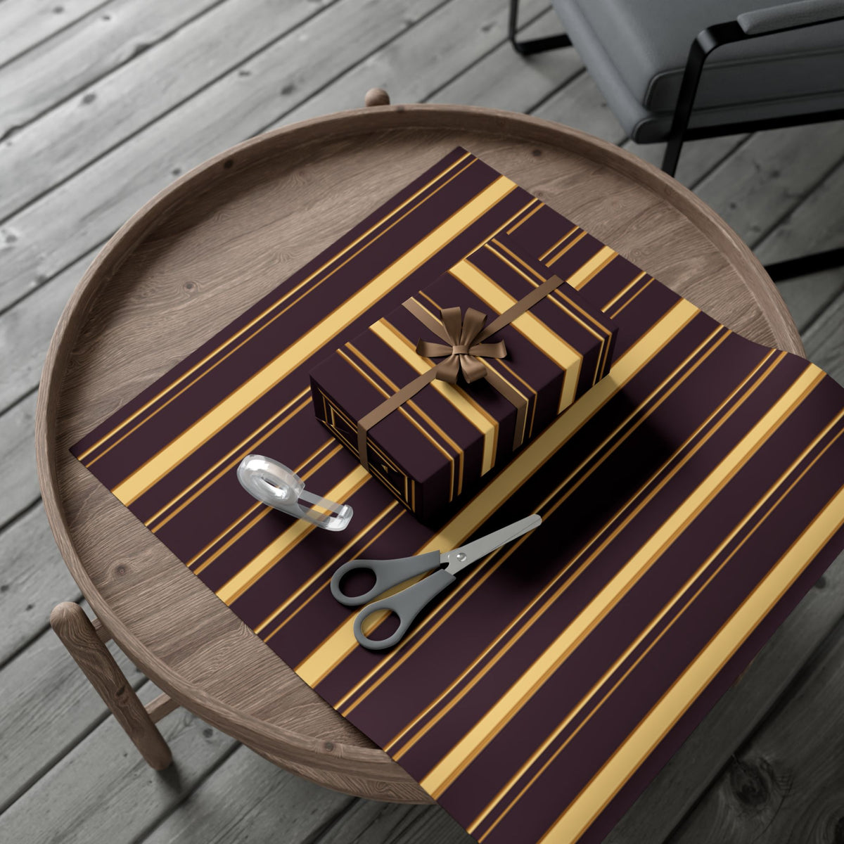 1960s-inspired gold stripe wrapping paper on deep plum, view 7