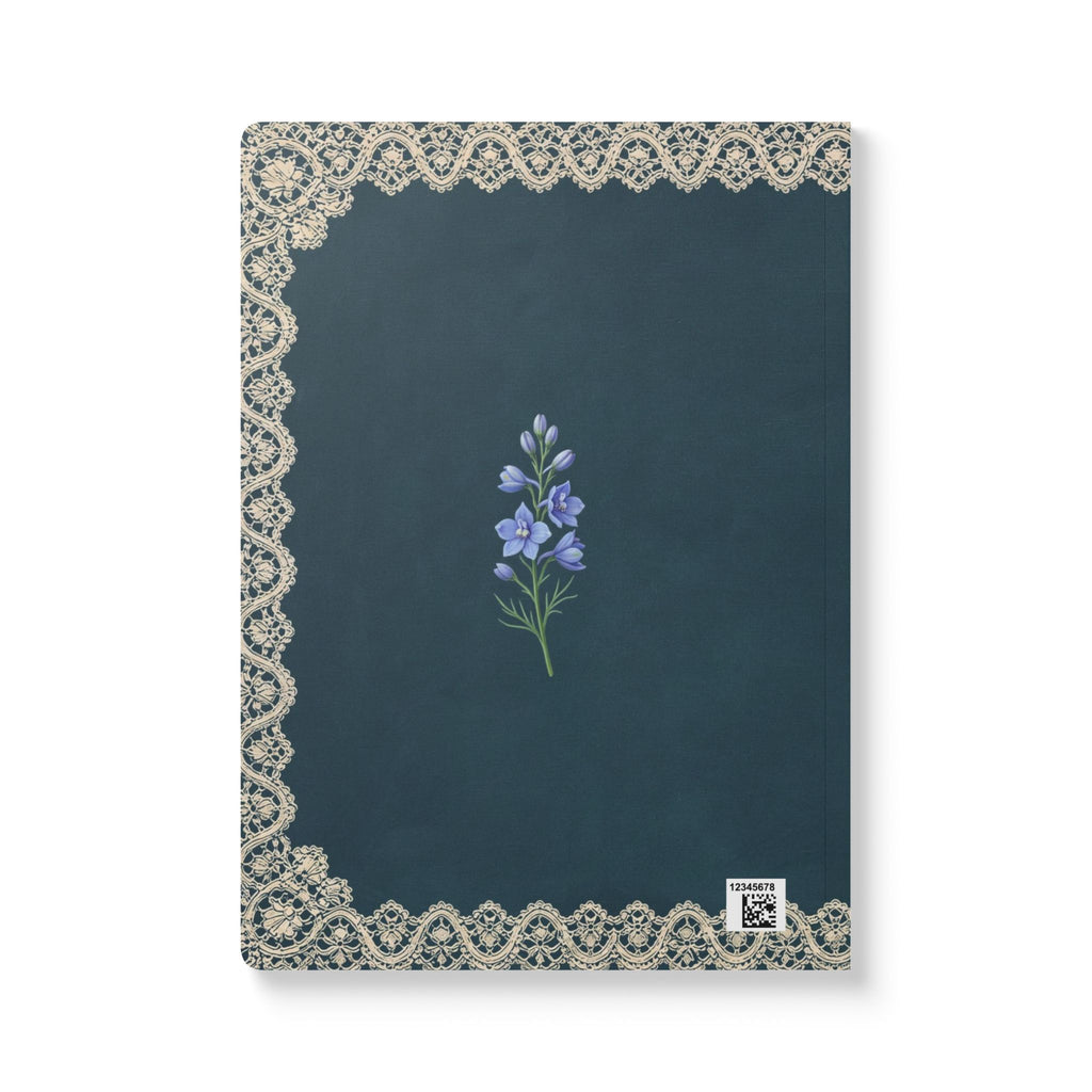 July birth flower journal with blue larkspur oil painting art and lace border on a teal cover, view 3