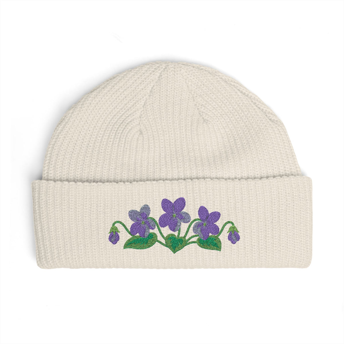 Cuffed knit beanie embroidered with the violet, February birth flower