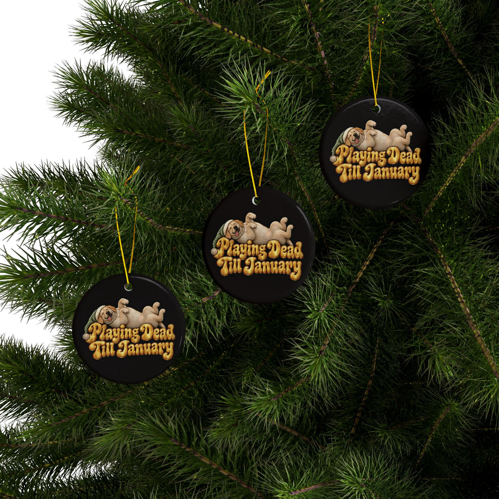 Playing Dead Till January Yellow Lab Ornament, Funny Christmas Ornament, Labrador Lover Gift, Dog Mom Gift, Plum Noir Ceramic Ornament