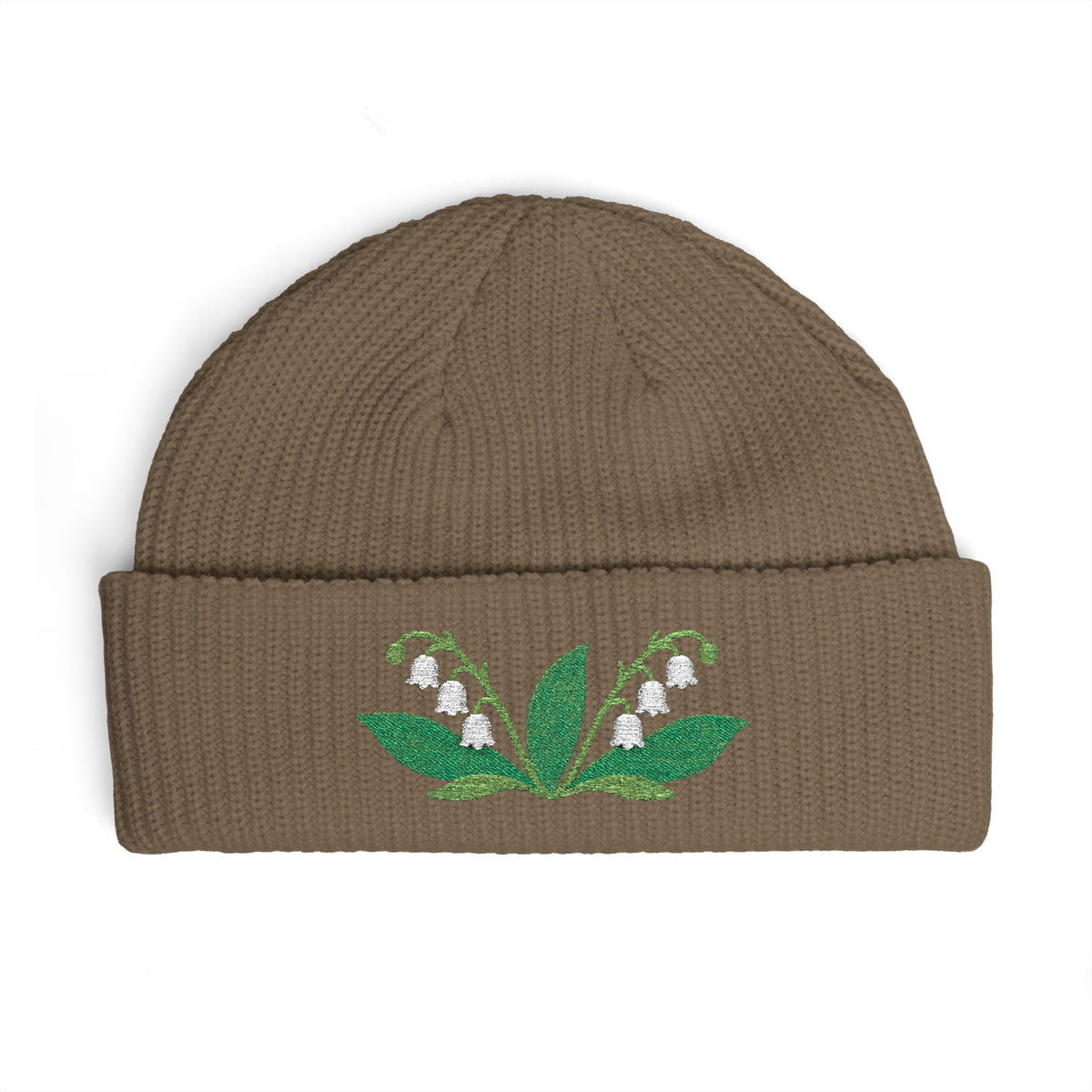 Cuffed knit beanie embroidered with the lily of the valley, May birth flower, view 3