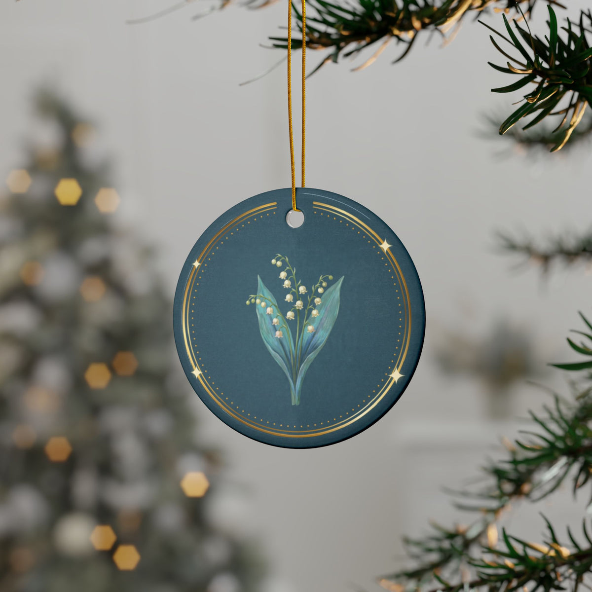 Personalized ceramic Christmas ornament with lily of the valley, the May birth flower, view 2
