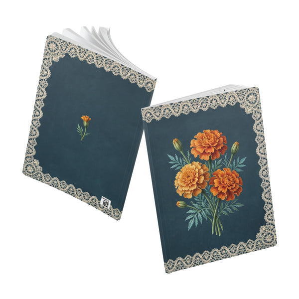 October birth flower journal with orange marigold oil painting art and lace border on a teal cover