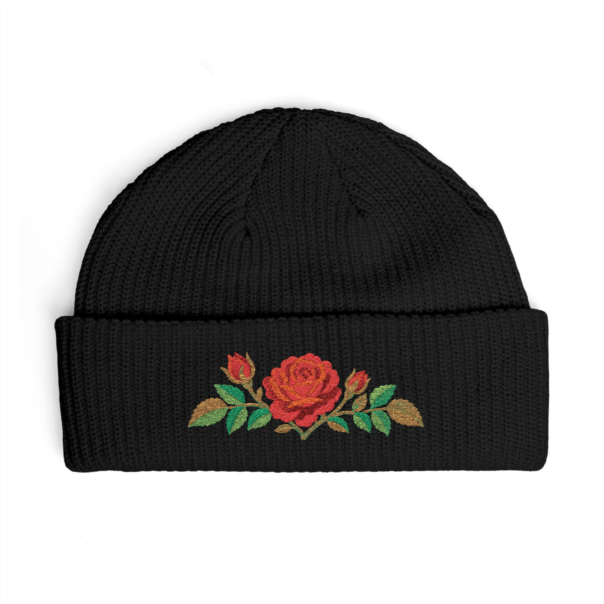 Cuffed knit beanie embroidered with the rose, June birth flower, view 2