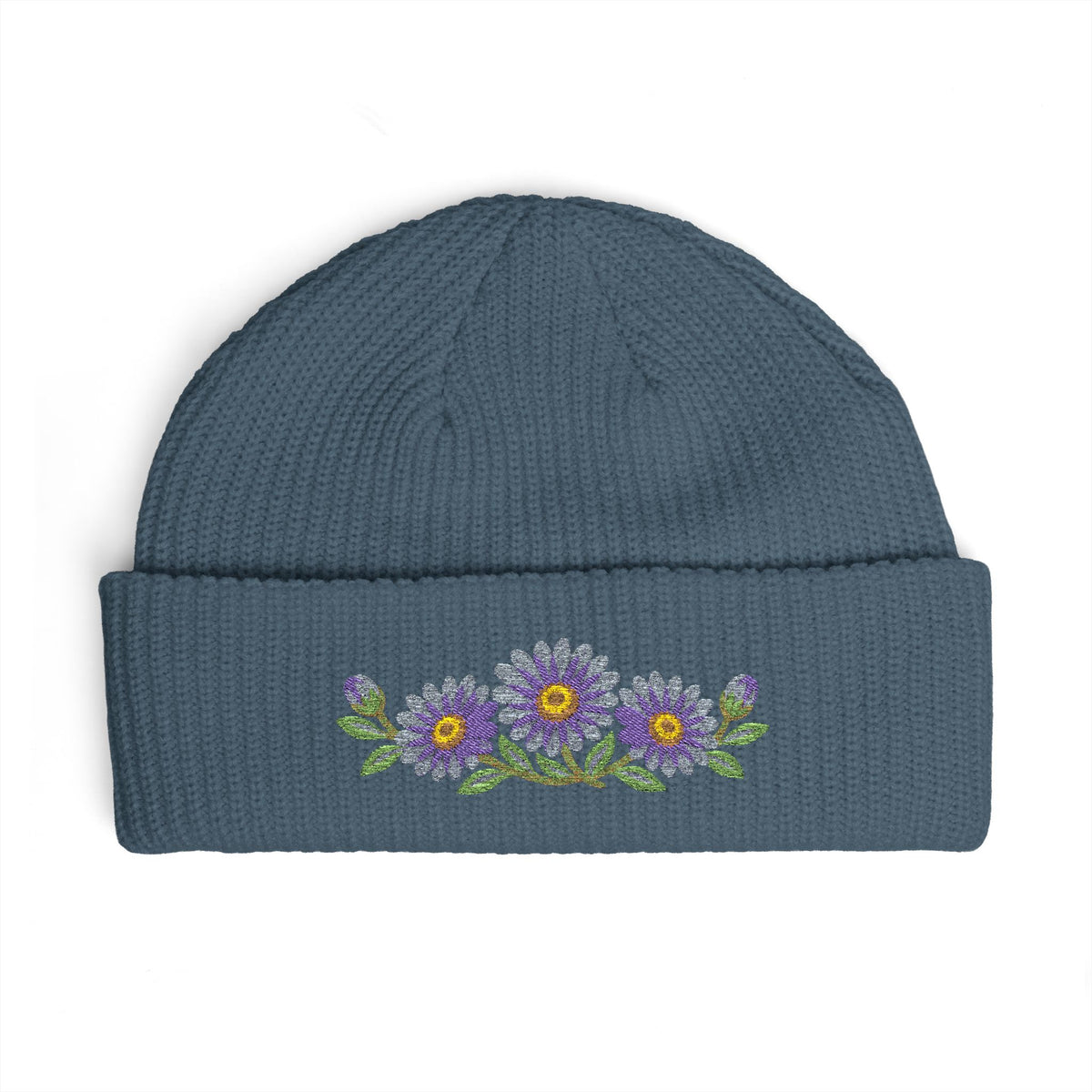 Cuffed knit beanie embroidered with the aster, September birth flower, view 6