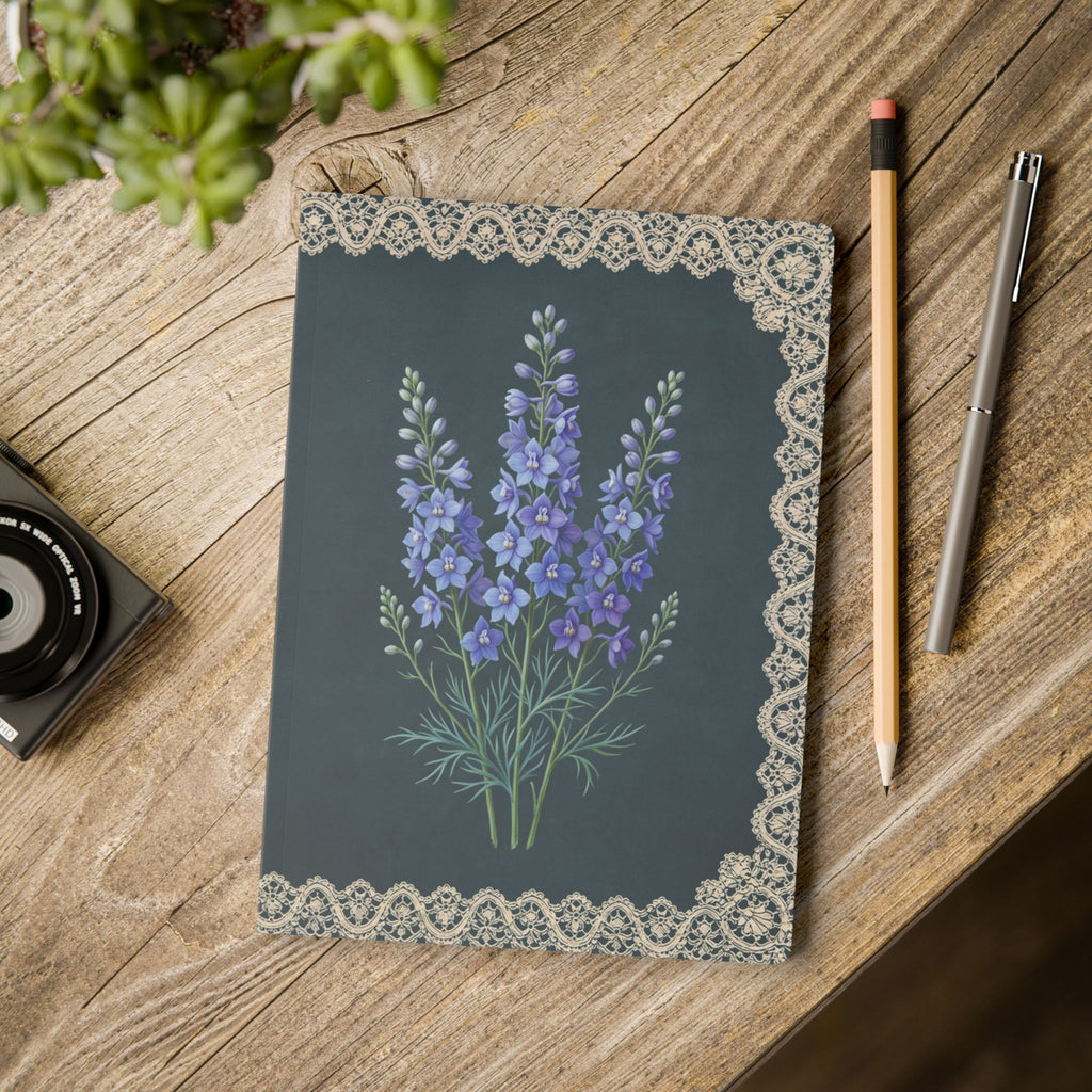 July birth flower journal with blue larkspur oil painting art and lace border on a teal cover, view 11