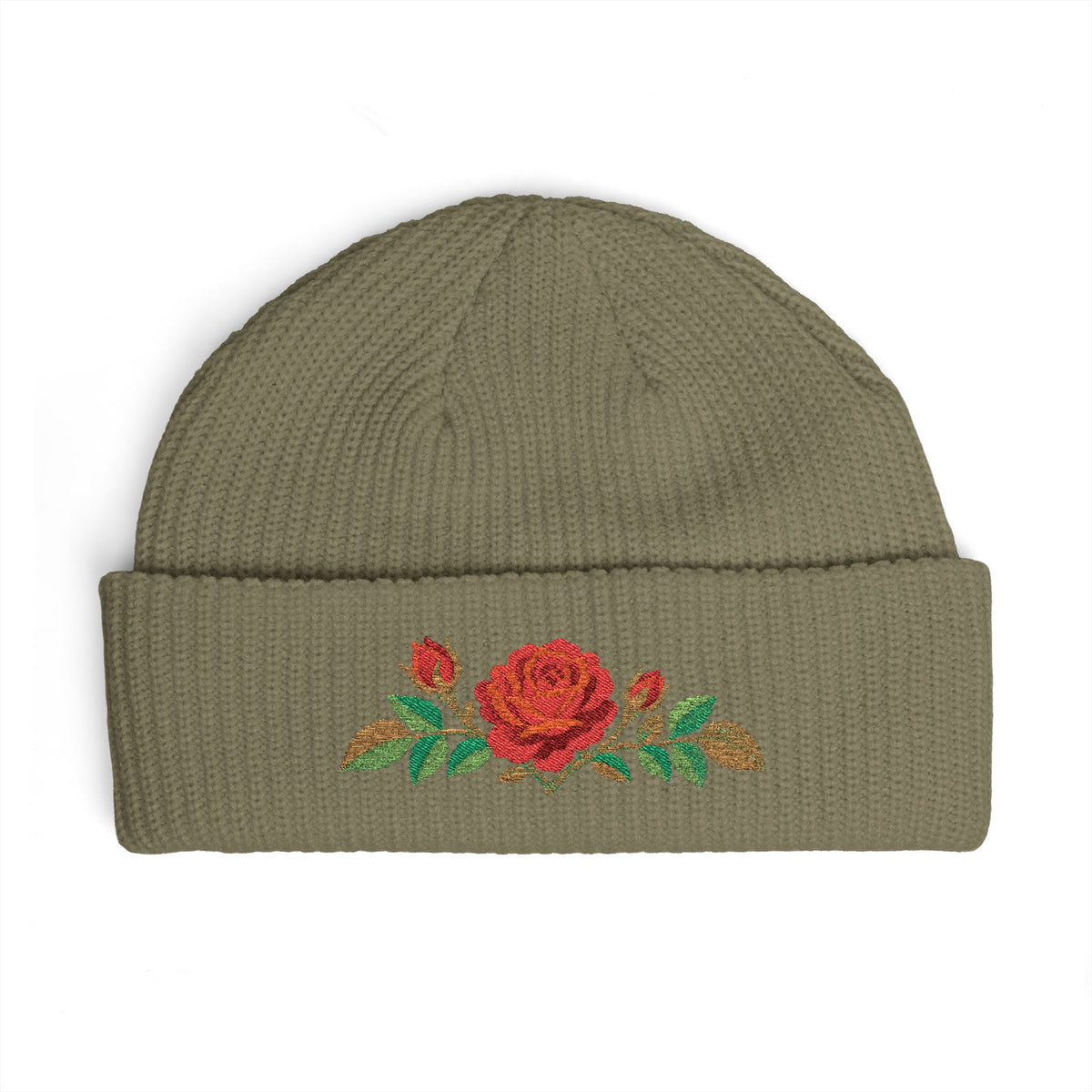 Cuffed knit beanie embroidered with the rose, June birth flower, view 5