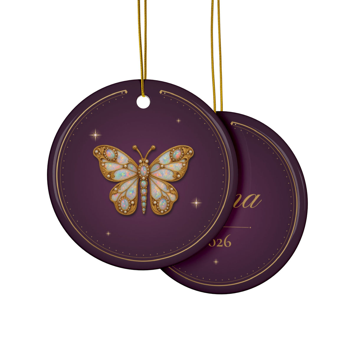Personalized ceramic Christmas ornament with jeweled opal butterfly, October birthstone, view 3