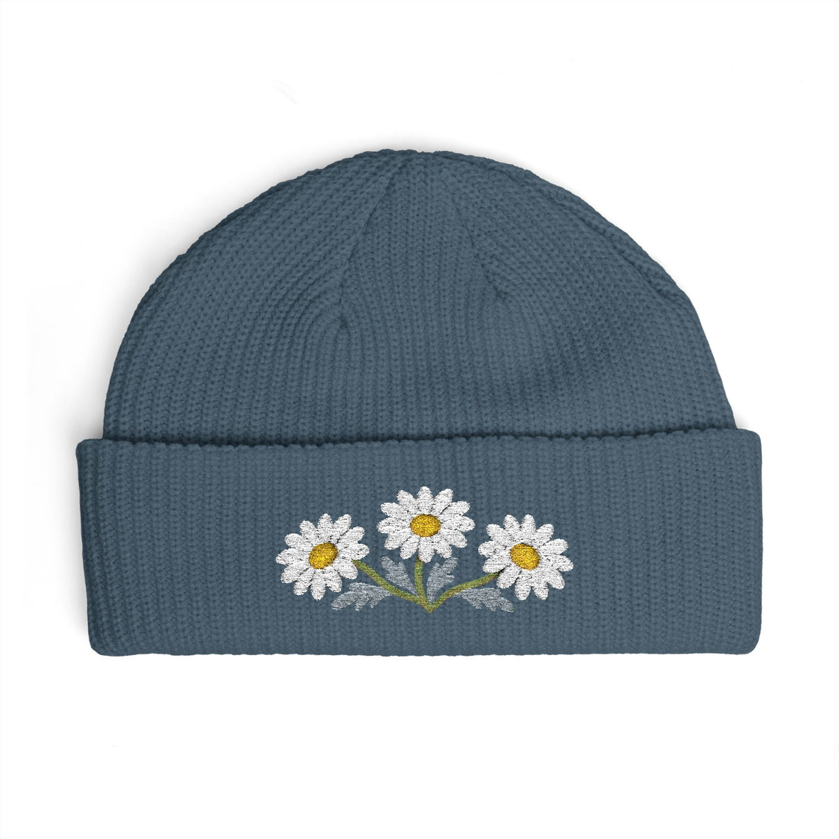 Cuffed knit beanie embroidered with the daisy, April birth flower, view 5